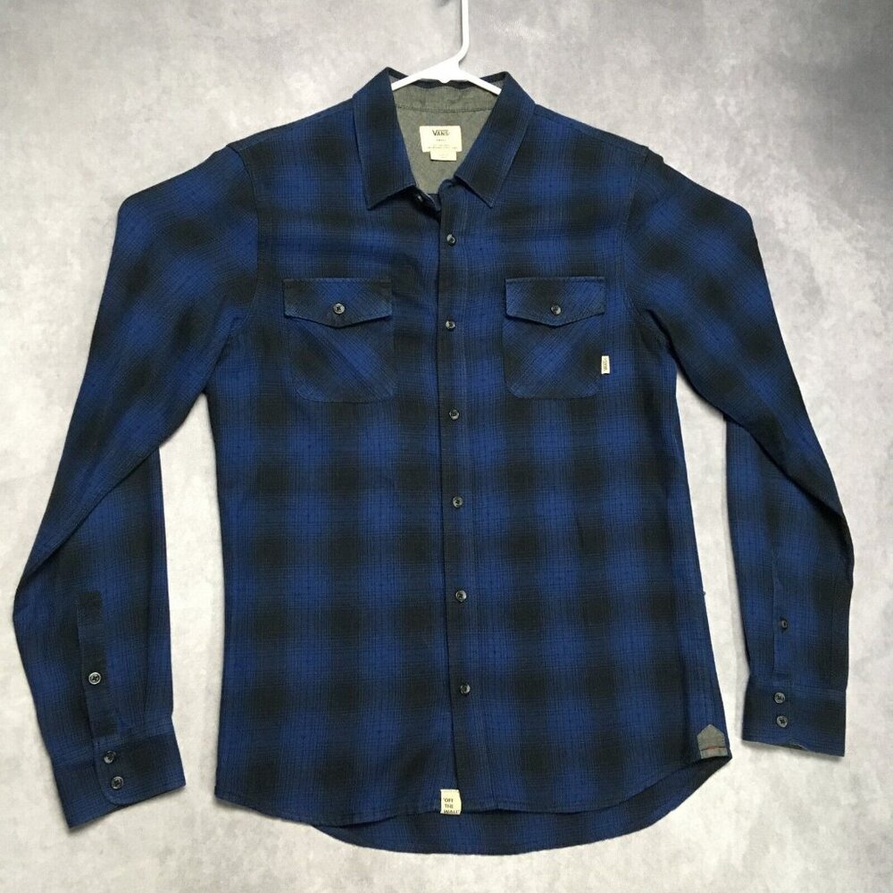 Vans‎ Mens Plaid Long Sleeve Shirt size Small Button Up Front Pocket Blue Black